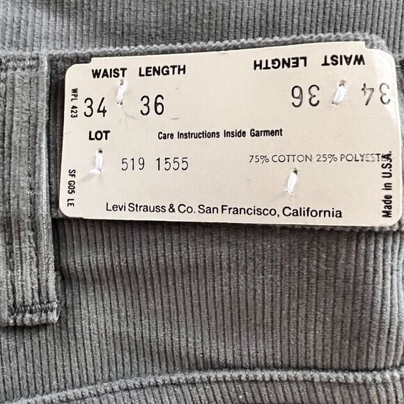 Vintage 1980s Levi's 519 Corduroy Pants Straight Leg Gray USA Made 34x36 NEW - Picture 6 of 6
